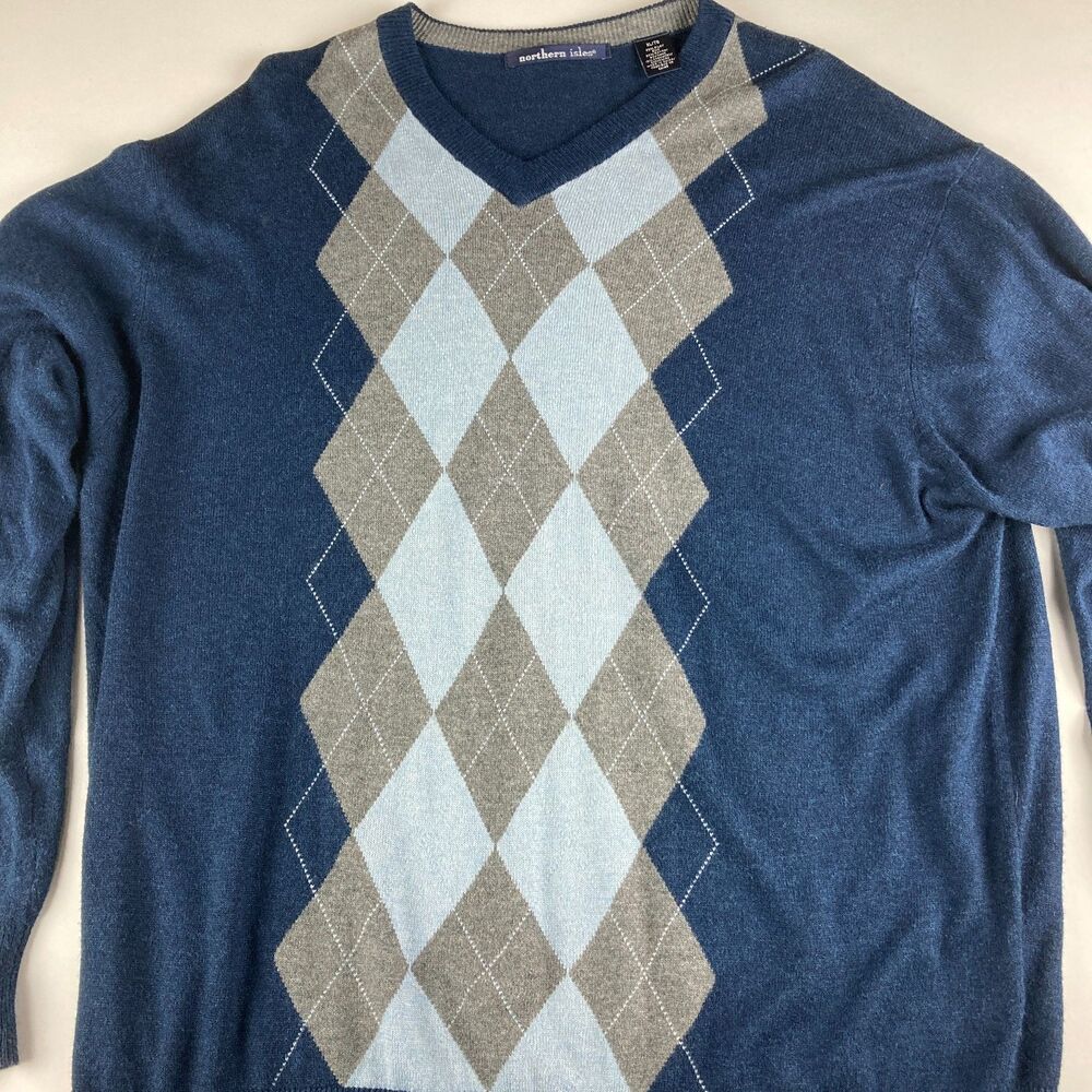 Northern Isles Sweater Mens XL Blue Argyle Silk Cashmere V Neck Pullover Preppy